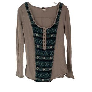 Free People Tan Green Scoop Neck Wool Alpaca Blend Henley Shirt X-Small XS